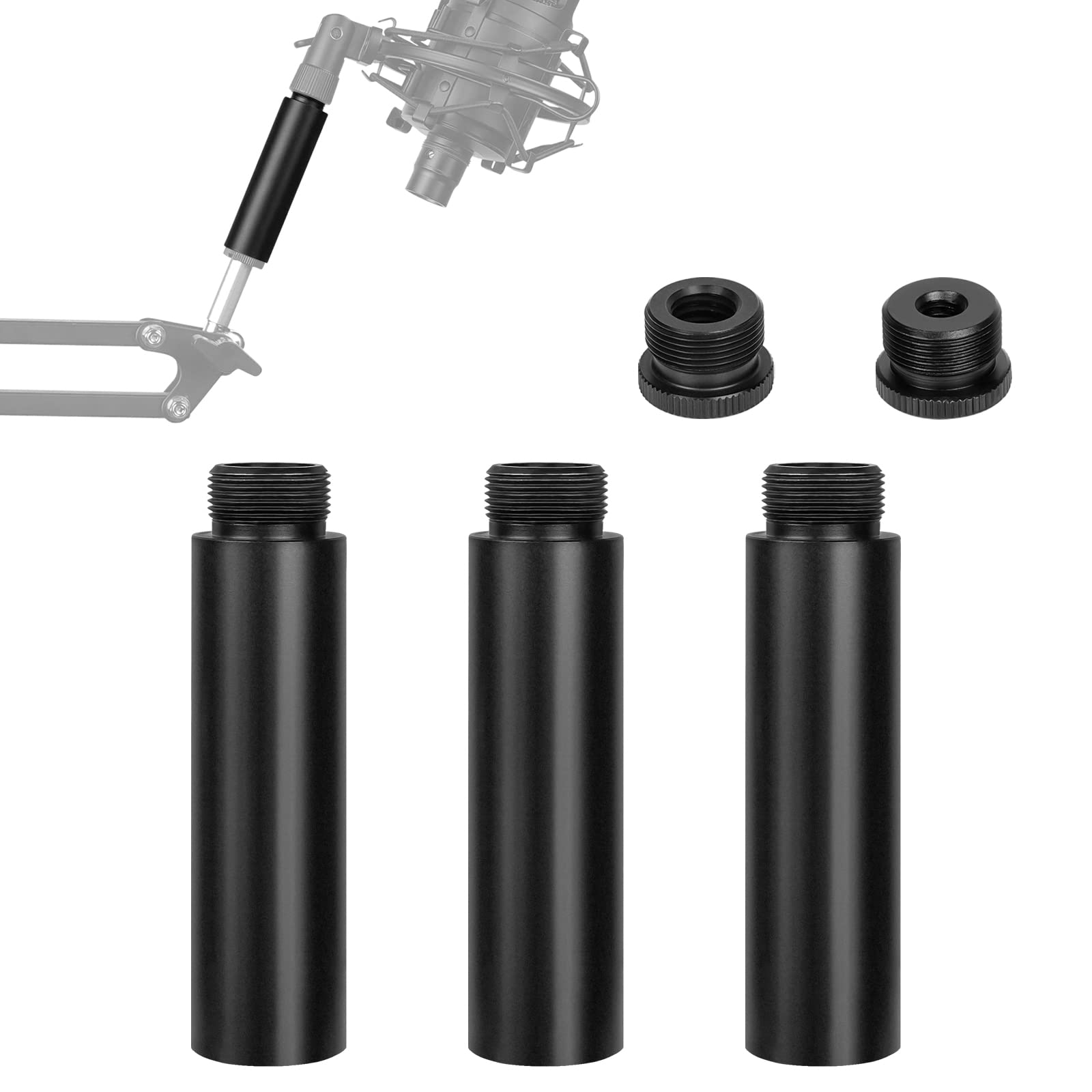 Geekria for Creators Microphone Stand Extension Adapter, 5/8 Male to 3/8 Female & 5/8 Male to 1/4 Female Mic Screws, 5/8 Male to 5/8 Female Mic Boom Arm Extension Tube (Black / 3 Pack)