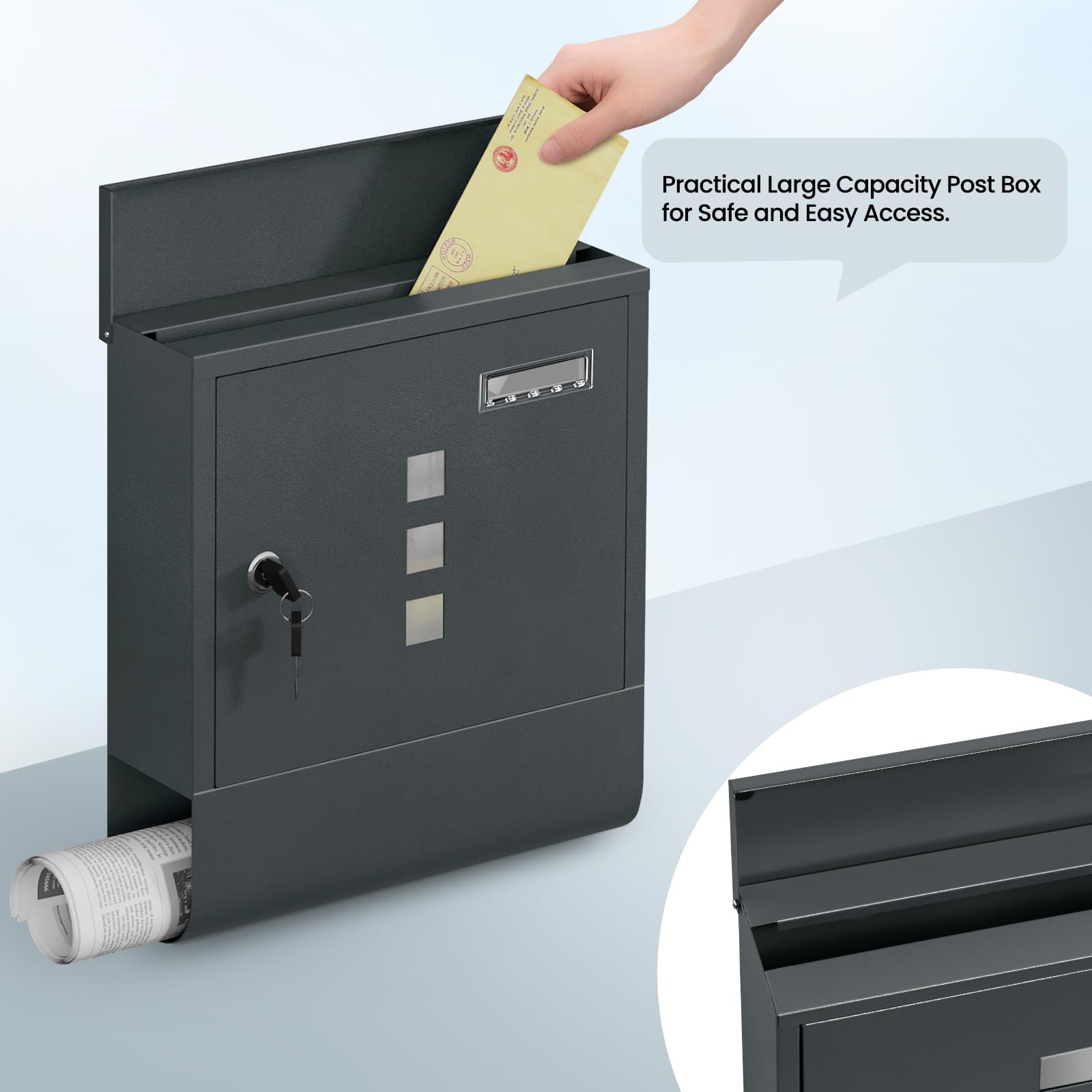 WOLTU Briefkasten Postkasten mit Zeitungsfach Sichtfenstern Namensschild, Wandbriefkasten abschließbar, mit 2 Schlüsseln, modern, Anthrazit, 30,5x33,5x9 cm 4
