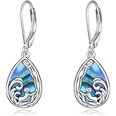 POPLYKE Abalone Shell Wave Cat Teardrop Drop Dangle Earrings Sterling Silver Vintage Cat Earrings for Women Jewelry