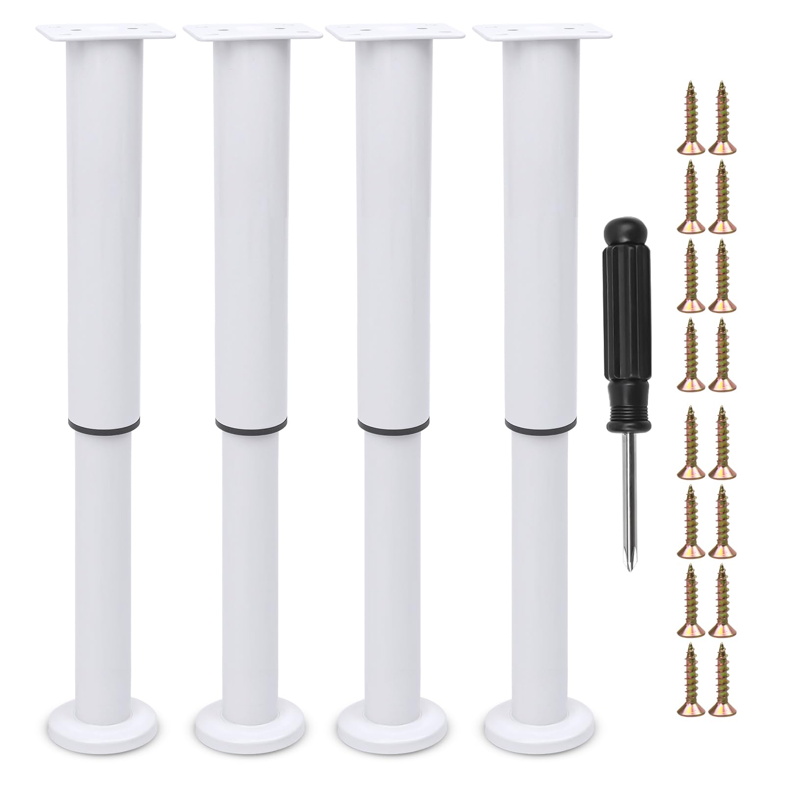 Furniture Adjustable Legs, Metal Bed Support Leg Central Slat Frame Couch Replacement Support Leg Part Heavy Duty Furniture Foot with Screwdriver for Cabinet/Dresser/Table/Sofa 25-42cm (White 4 Pcs)