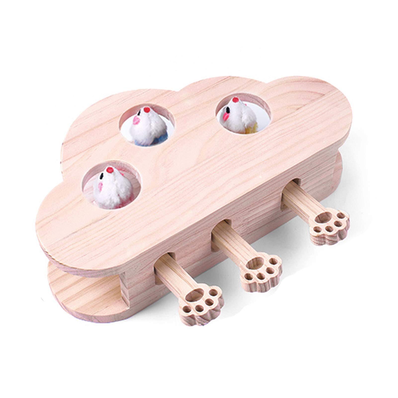 HC Wooden Cat Toy Box, Interactive Cats Kitten Hunt Toy Puzzle Box with Cartoon Mouse, Catnip Toys Whack a Mole (3 holes White)