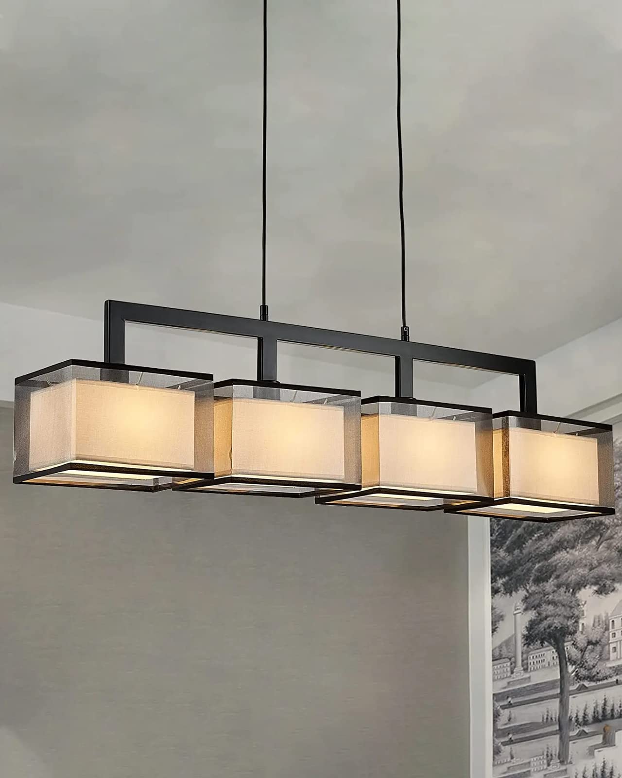 Photo 1 of 7PMBEANE Modern Rectangular Chandelier Hanging Light Fixture 4 Lights with Fabric Lampshade Adjustable for Dining Living Room Restaurant (Black)