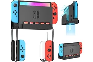 Wiilkac Wall Mount for Switch and Switch OLED, Metal Wall Mount Kit with 5 Game Cards Slots and 4 Joy Con Hooks, Back Airflow Gap Design, Safely Store Your Switch Console Near or Behind TV (Black)