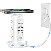 Kakyanill 115W USB Charging Station, Surge Protector Power Strip Tower, 9 AC Outlets with 8 USB Ports(4 USB-C), 6Ft Flat Plug Retractable Extension Cord, for Home Office Dorm, White