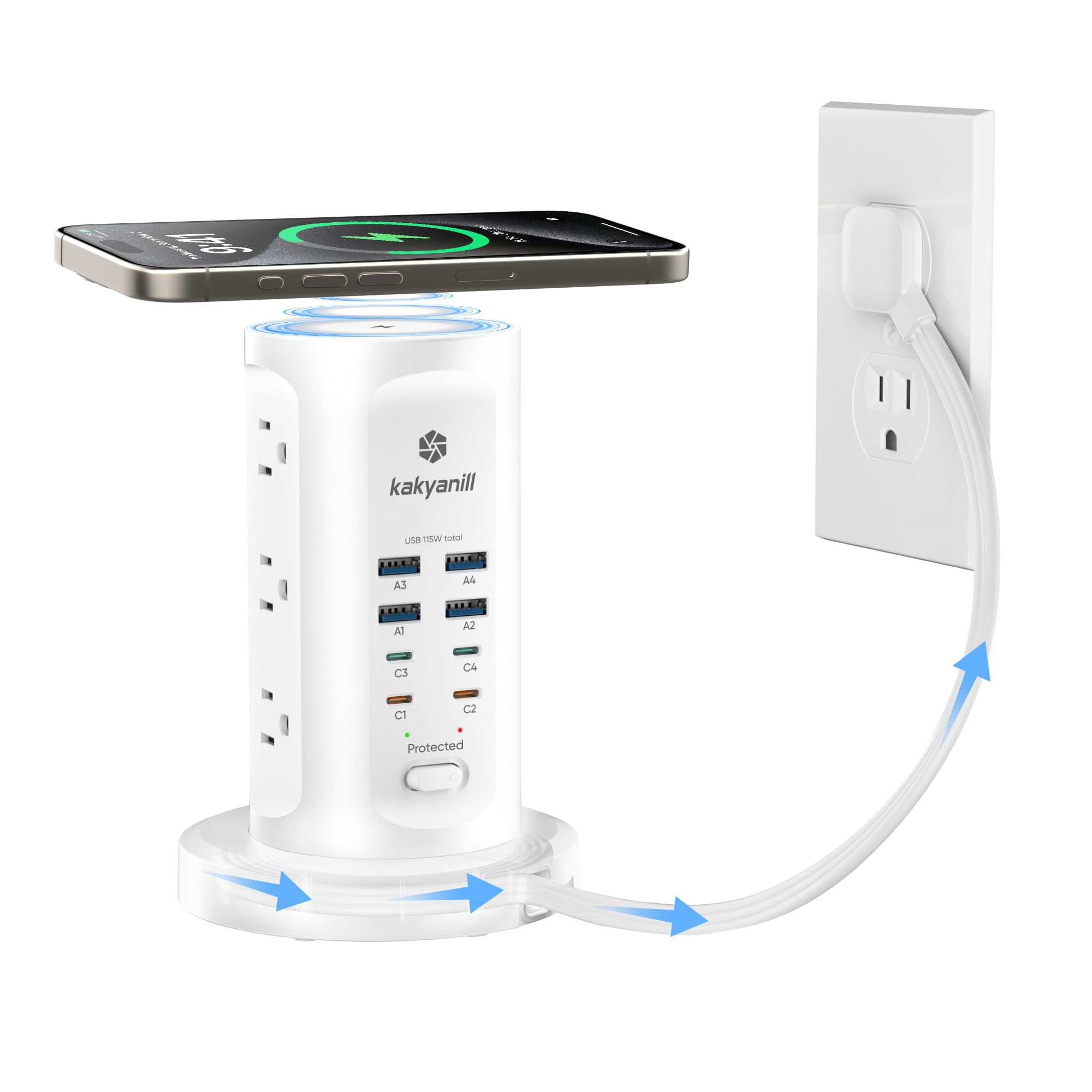 Kakyanill 115W USB Charging Station, Surge Protector Power Strip Tower, 9 AC Outlets with 8 USB Ports(4 USB-C), 6Ft Flat Plug Retractable Extension Cord, for Home Office Dorm, White