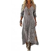 Women's Bohemian A-Line Maxi Dress, Vintage Floral Print Long Sleeve Loose Fit Flowy Casual Dress for Spring Summer