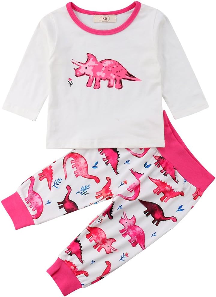 Infant Baby Girl Cute Pink Dinosaur Pajamas 2 Piece Set