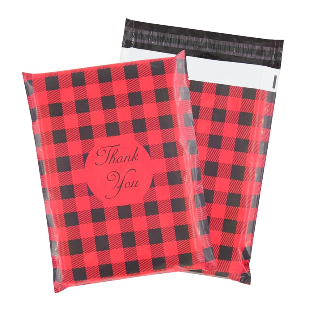 50x Poly Mailer Mailing Bags Shipping Envelopes 15x19 Inch (38x48 cm) Red Black Check Design with Thank You Text for Medium to Large Parcels