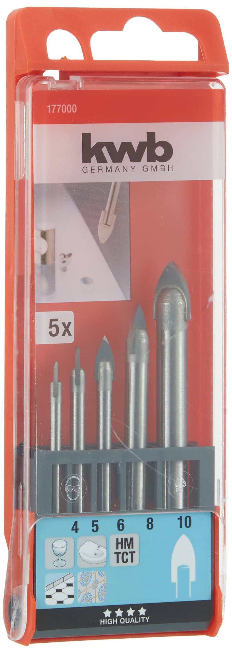 kwb 1770-00 Set of Glass Drills, 5-Piece, 4, 8, 10 mm
