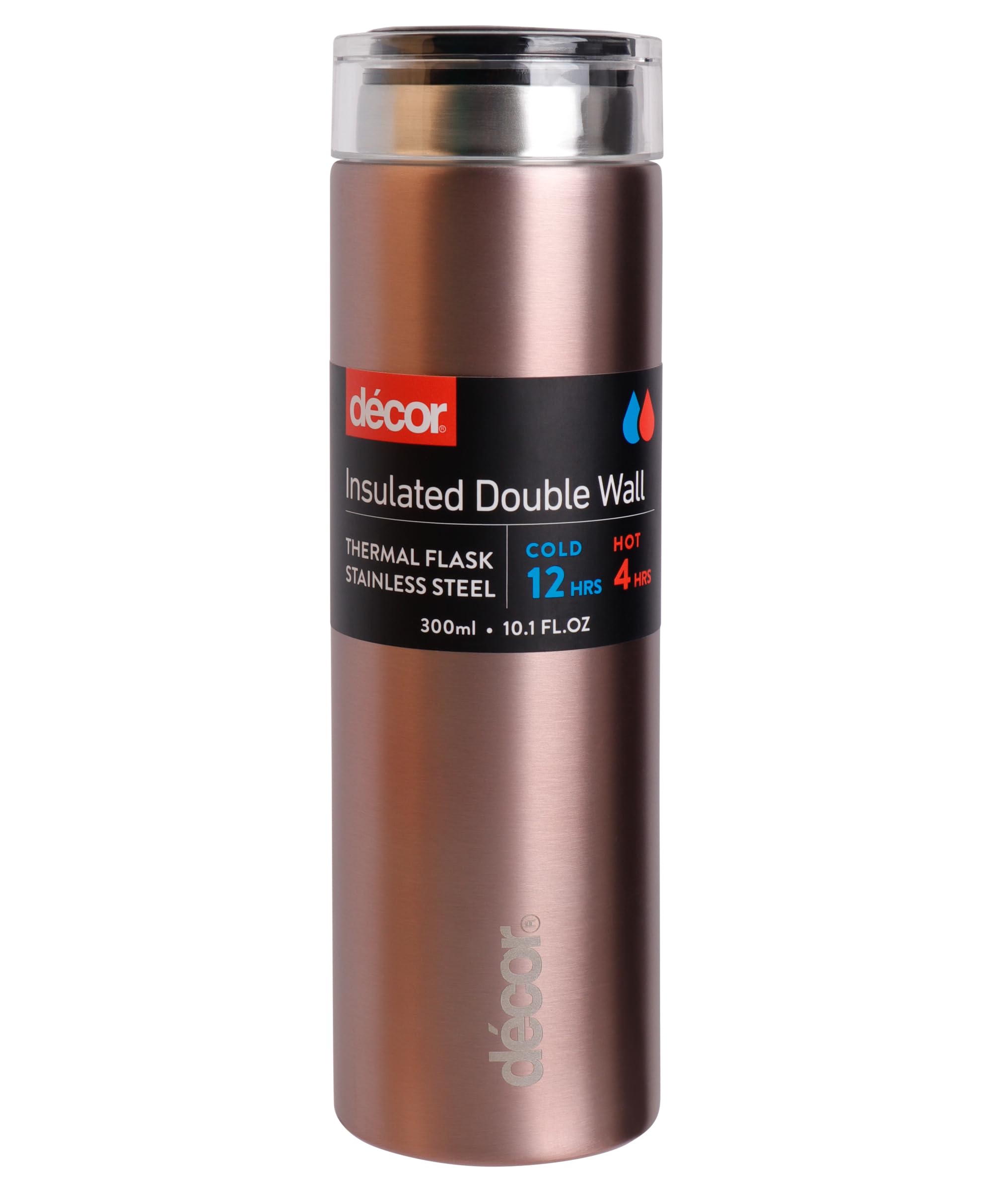 Décor Double Wall Stainless Steel Travel Mug - Keeps 4 Hours Hot - 12 Hours Cold - Car Cup Holder Compatible - Removable Screw Top Lid - 300ml Rose Gold.