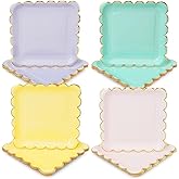 Sparkle and Bash Scalloped Paper Plates - 48 Count, 9-inch Square, Assorted Pastel & Gold Foil - Party Plates for Birthdays & Dessert Tables