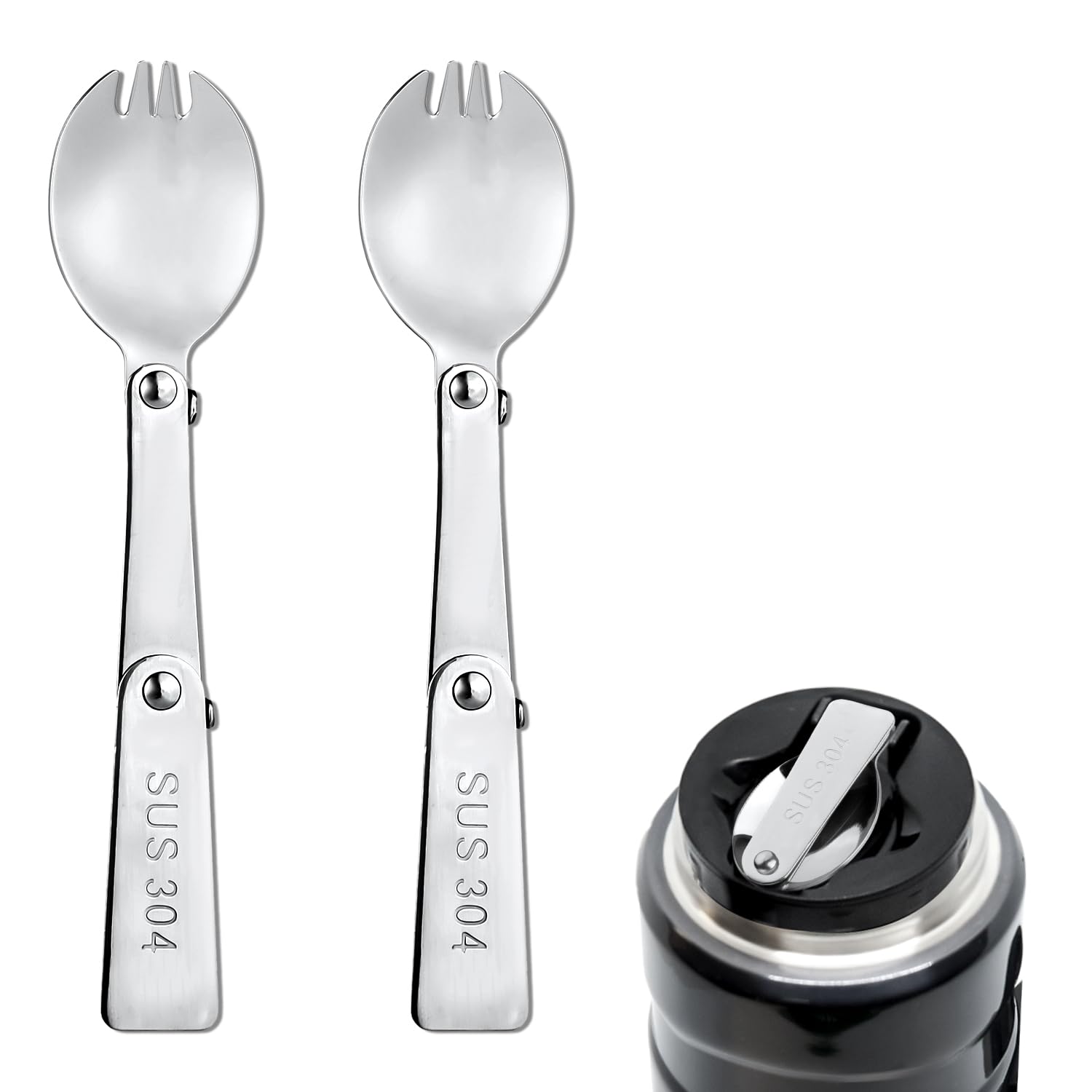 Photo 1 of 2pcs Spork for Thermos Stainless Steel King Vacuum Insulated Food Jar 16oz, Foldable Spoon Fork Replacement Parts Compatible with Thermos Funtainer 16 oz (Spoon and fork in One Design)
