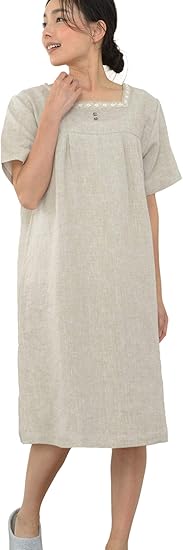 パジャマ工房 レディース ワンピース 半袖 かぶり スクエアネック 麻100 リネン 530 L生成りベージュ ルームワンピース ネグリジェ 通販 Amazon