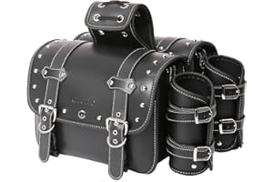 QJBOMTO High-density Leather Motorcycle Saddlebags- Throw Over Saddle bags,Panniers Side Bags with cup holder,Waterproof, Side Tool Bag, Storage Tool Bag for Motorbike,Universal, 1 Pair,M (Black)