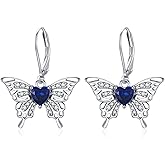 Butterfly Earrings for Women, 925 Sterling Silver Butterfly Dangle Drop Leverback Earrings with Heart Birthstone, Animal Jewelry for Her