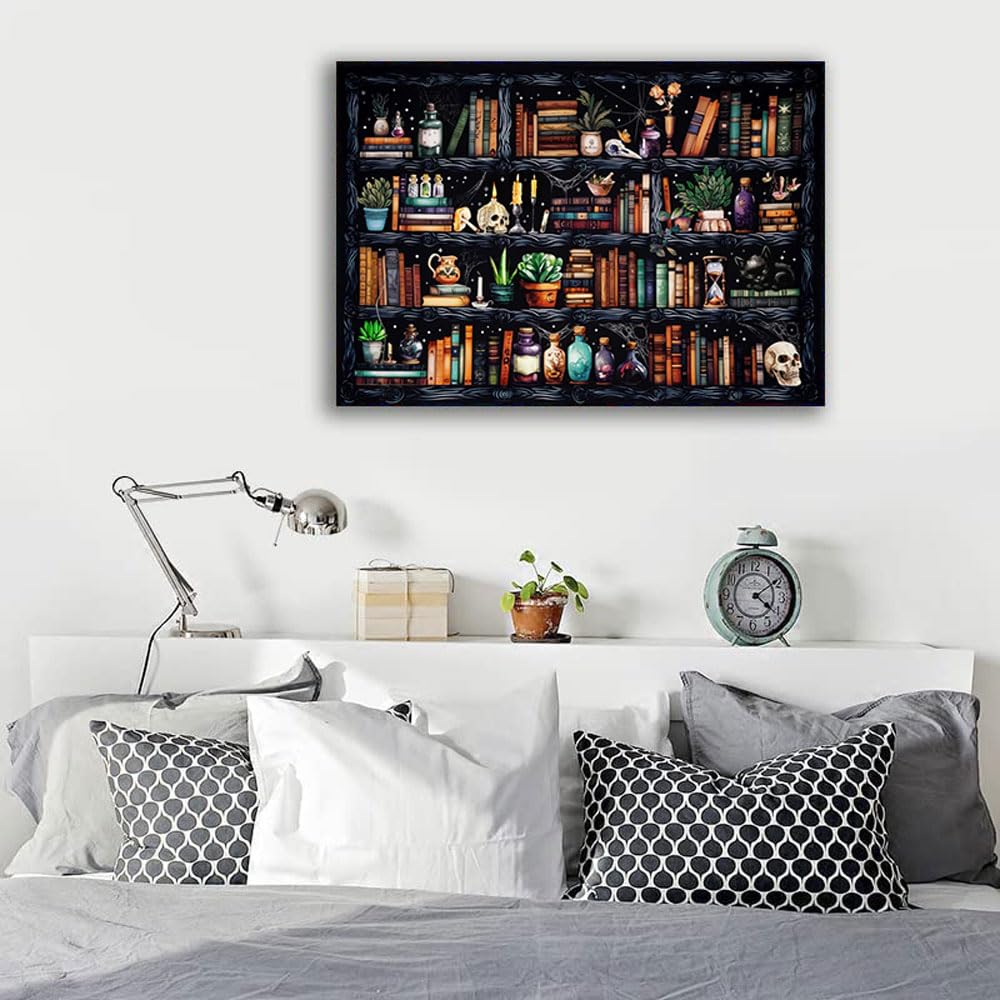 Bookshelf Stamped Cross Stitch Kits - Magical Book Counted Cross Stitch Kits for Beginners Adults Skull Needlepoint Cross-Stitch Patterns Dimensions Needlecrafts Embroidery Kits Arts and Crafts