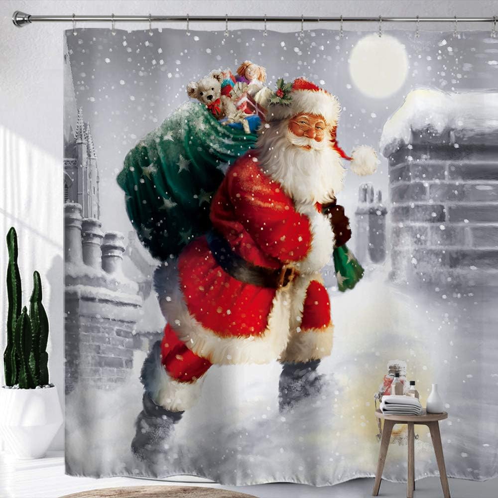 Hiyoo Christmas Santa Claus Shower Curtain with Hooks, Xmas New Year Home Decorations Winter Bathroom Decor Waterproof Polyester Fabric Shower Curtain - Happy Santa Gift-Giving 60" W x 72" L