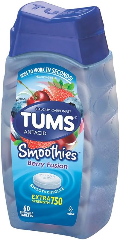 TUMS Smoothies Extra Strength Antacid Tablets for Chewable Heartburn Relief and Acid Indigestion Relief, Berry Fusion - 60 Count: Health & Personal Care