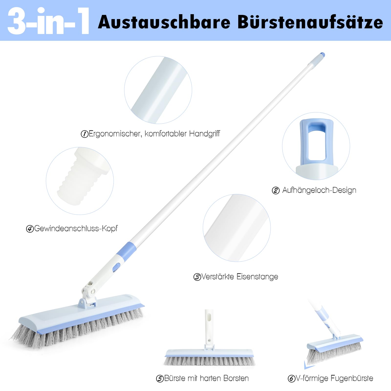 XXFLOWER Schrubber mit Stiel Terrasse,3 in 1 Bodenschrubber und V-Förmige Fugenbürste mit Langem Stiel Scheuerbürste Bürste mit Steifen Borsten,Balkon Terrassenfliesen Reiniger,Bodenbürste Besen Blau 2