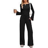 ZESICA Women's 2 Piece Lounge Sets Fall 2026 Casual Long Sleeve Boat Neck Ribbed Tops Wide Leg Pants Outfits with Pocket