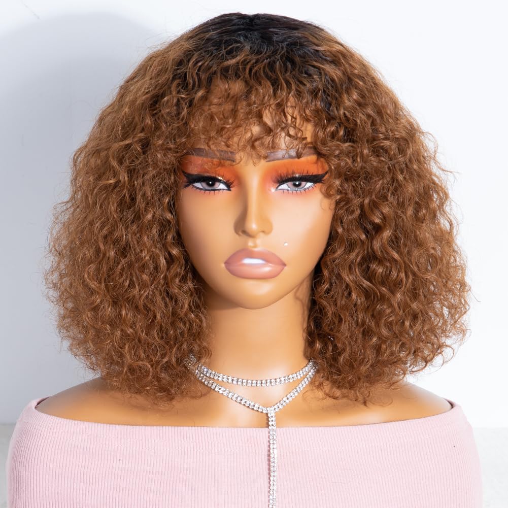 JOEDIR HAIR Short Curly Wig with Bangs Ombre Brown 12 inch Water Wave Bob Wig Human Hair for Black Women 150% Density Glueless Wig (Color: TT1B/30)
