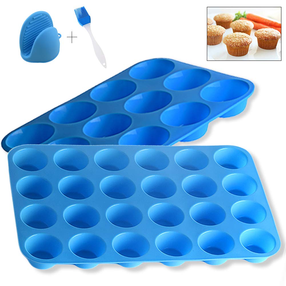 Neepanda Silicone Muffin Pan Set,12-Cup and 24-Cup Silicone Cupcake Pan with Silicone Oven Mitt and Cleaning Brush, Food Grade Non-Stick Egg Muffin Tin, BPA Free, Easy to Clean & Dishwasher Safe