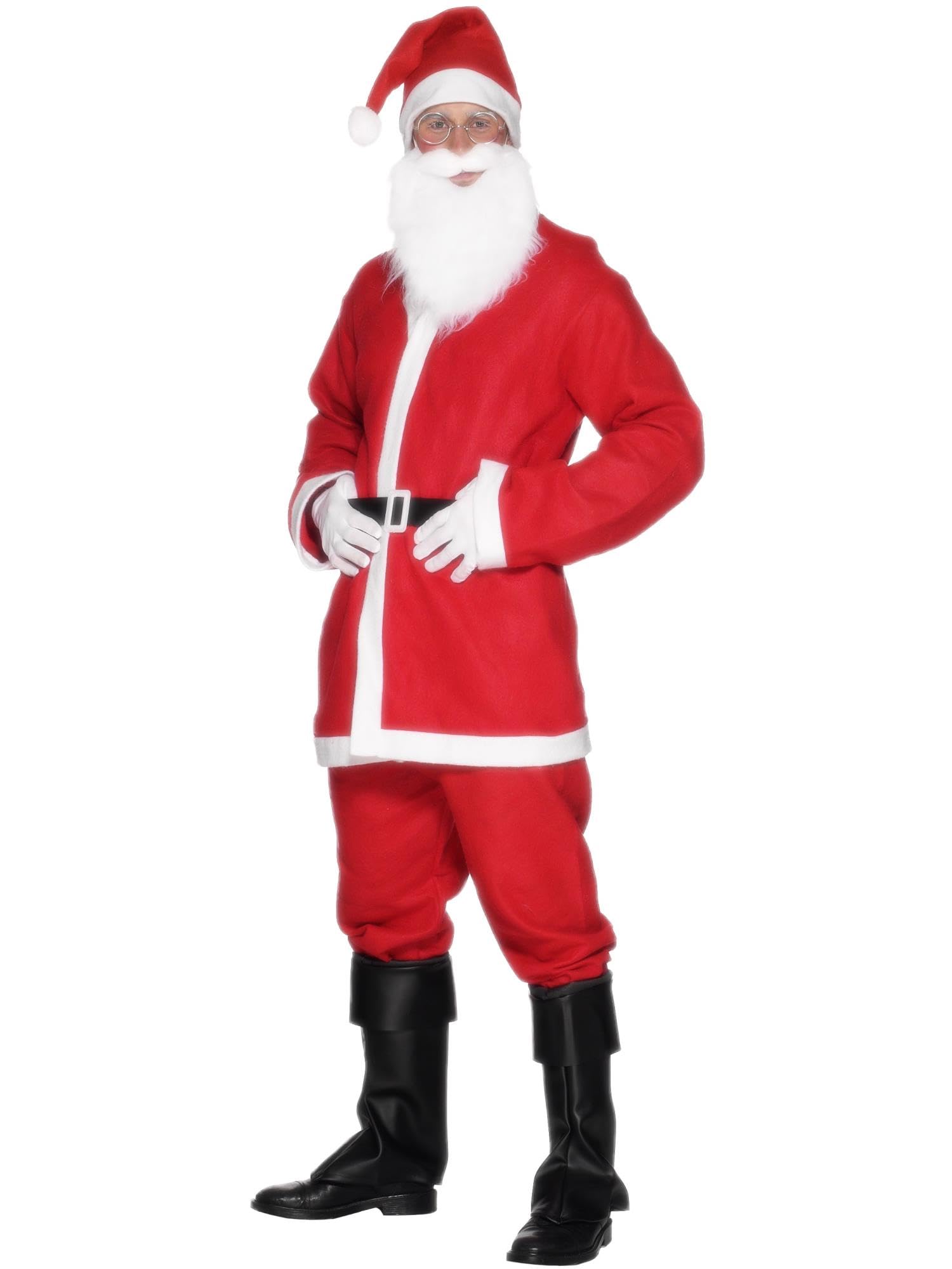 Smiffys Men's Deluxe Santa Suit Costume, Father Christmas Outfit with Jacket, Trousers, Beard, Hat & Belt, Perfect for Christmas Fancy Dress & Holiday Parties, Santa Adult Dress Up Outfits, XX-Large