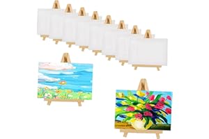 Heyaxdin 8 Packs Canvas and Easel Set, 10x15cm White Easel Stand Set Tabletop Wooden Display Stand and Canvas Panels Suitable