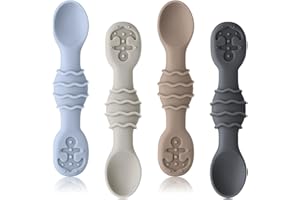 Qkie Silicone Baby Spoons, Baby Utensils for Infants Toddlers Self Feeding, Chew, First Stage Baby Led Weaning(BLW), Baby Feeding Essentials, Set of 4 Pack (Meteorite)