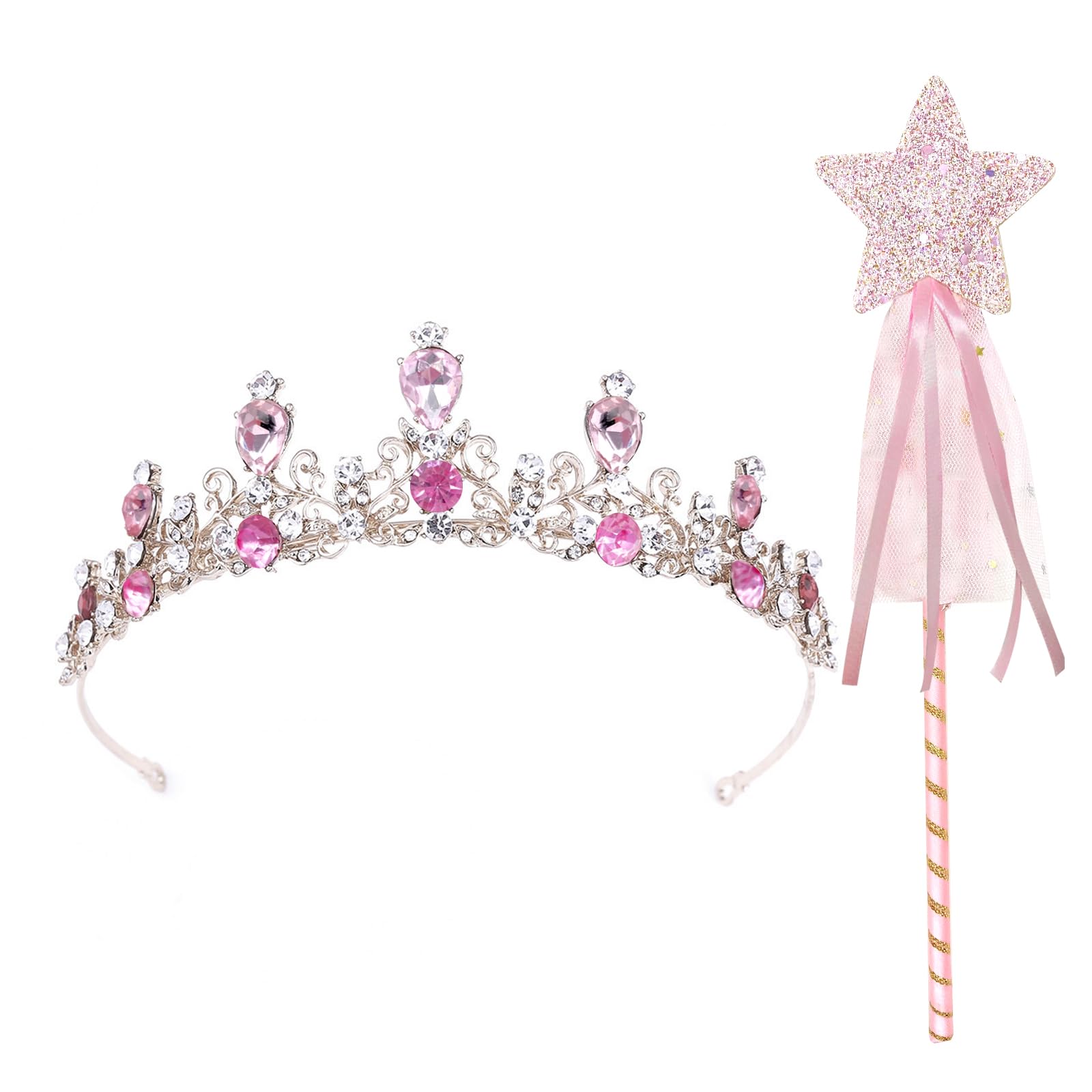 Princess Tiara & Wand Set - Crystal Crown for Girls' Dress Up, Hair Jewellery & Birthday Gift, Ages 4-12