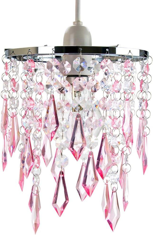 Modern Waterfall Design Easy Fit Pendant Shade with Clear/Pink Acrylic Droplets and Beads, Chrome Metal Rings - Image 3
