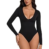 Athlemo Women's Long Sleeve Bodysuit Tummy Control Sexy Deep V Neck Body Suits Fitted Fall Going Out T Shirt Tops