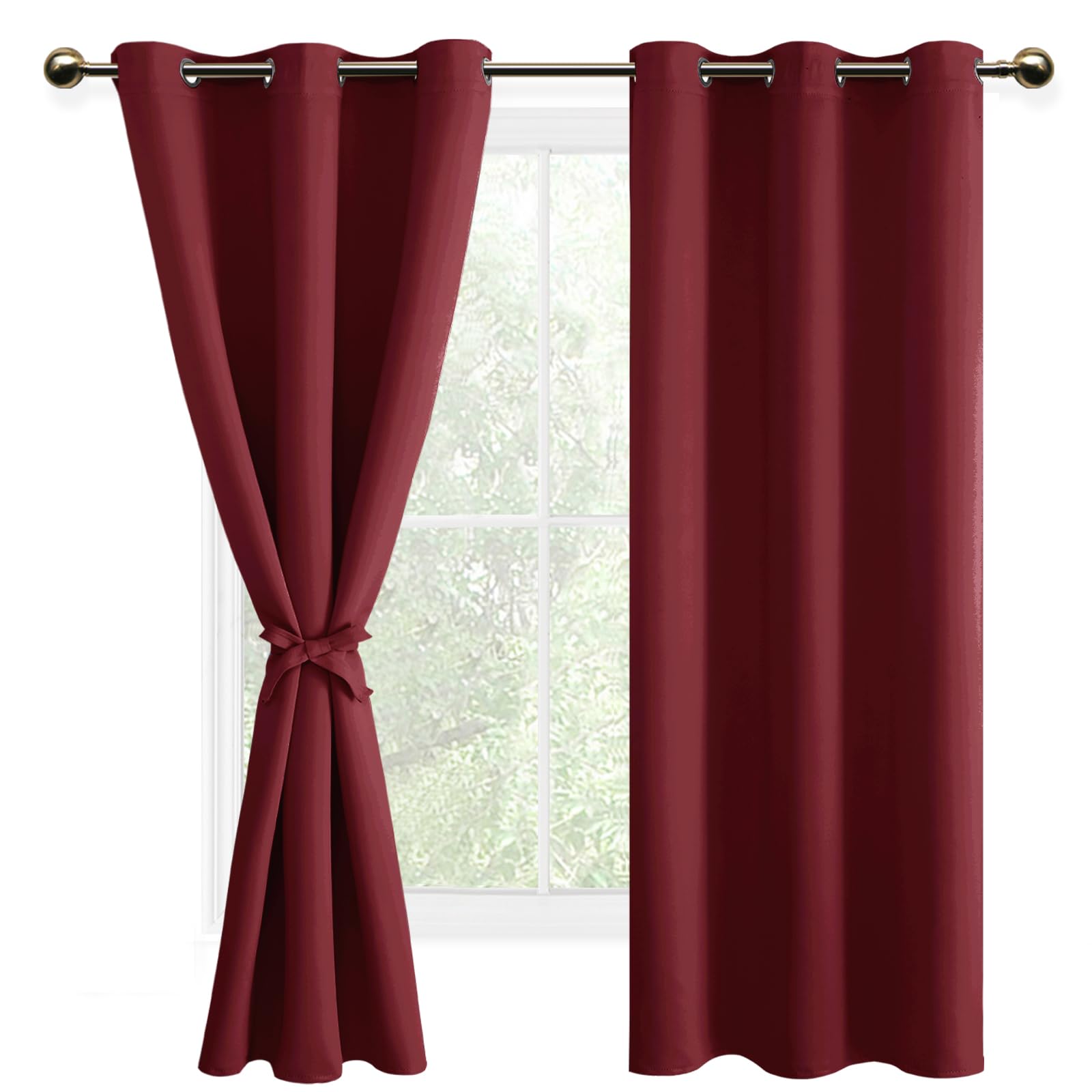 DWCN Blackout Curtains with Tiebacks for Bedroom Thermal Insulated Solid Eyelet Curtains for Living Room,2 Panels,46" Wide x 72" Drop Burgundy