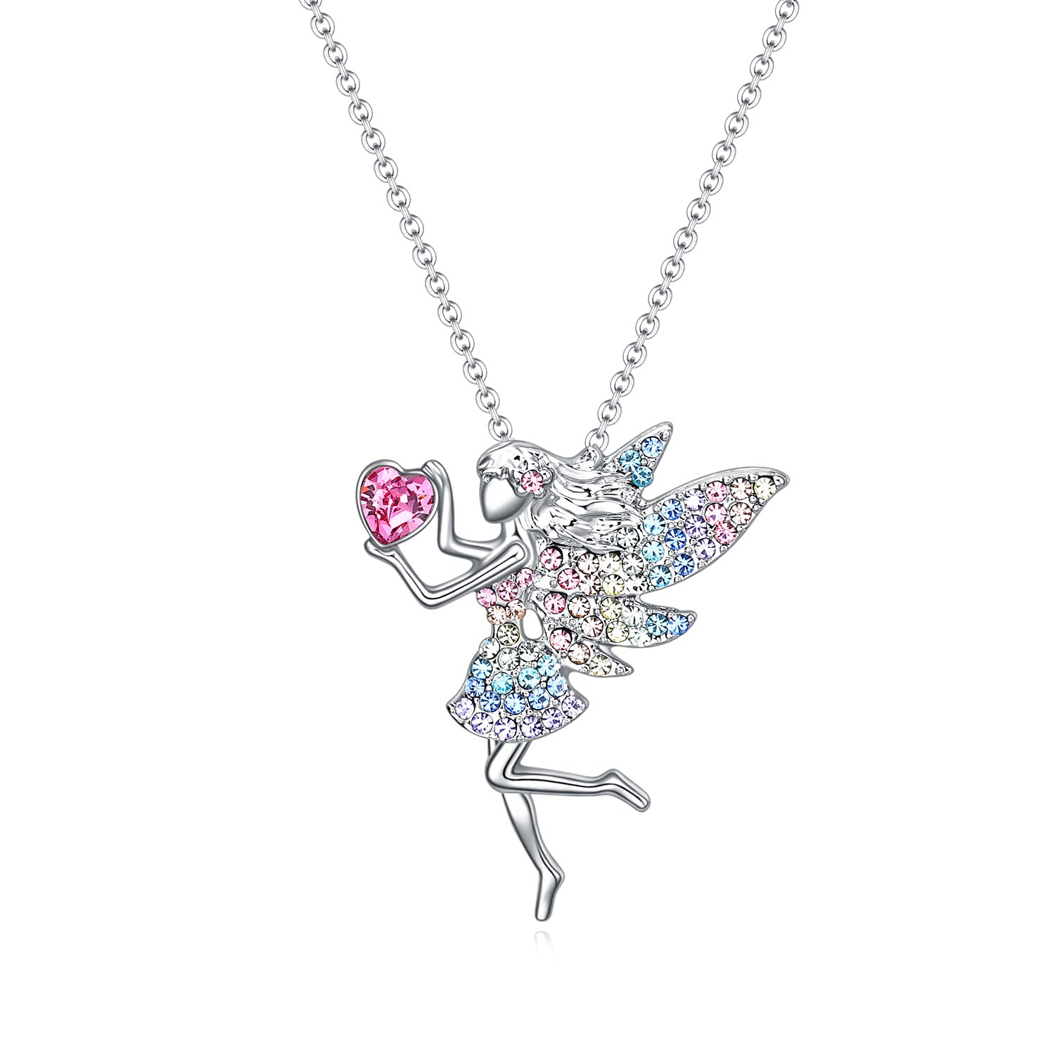 SUMFAN Fairy Necklace for Teen Girls,Birthstone Pendant Gift for Girls White Gold Plated Austrian Crystal Jewelry Gift