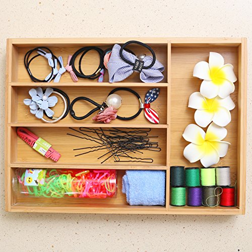 Bamboo Wooden Cutlery Drawer Organizer with 5 compartments,Durable Utensil Tray Flatware Drawer Divers