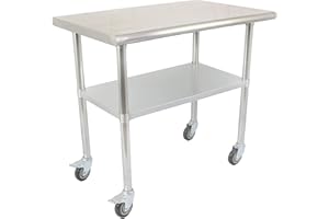 STEELBUS 24'' x 36'' Stainless Steel Table,NSF Commercial Heavy Duty Kitchen Prep & Work Table on 4 Caster Wheels and with Adjustable Under Shelf,Metal Food Workstation for Restaurant, Home and Hotel