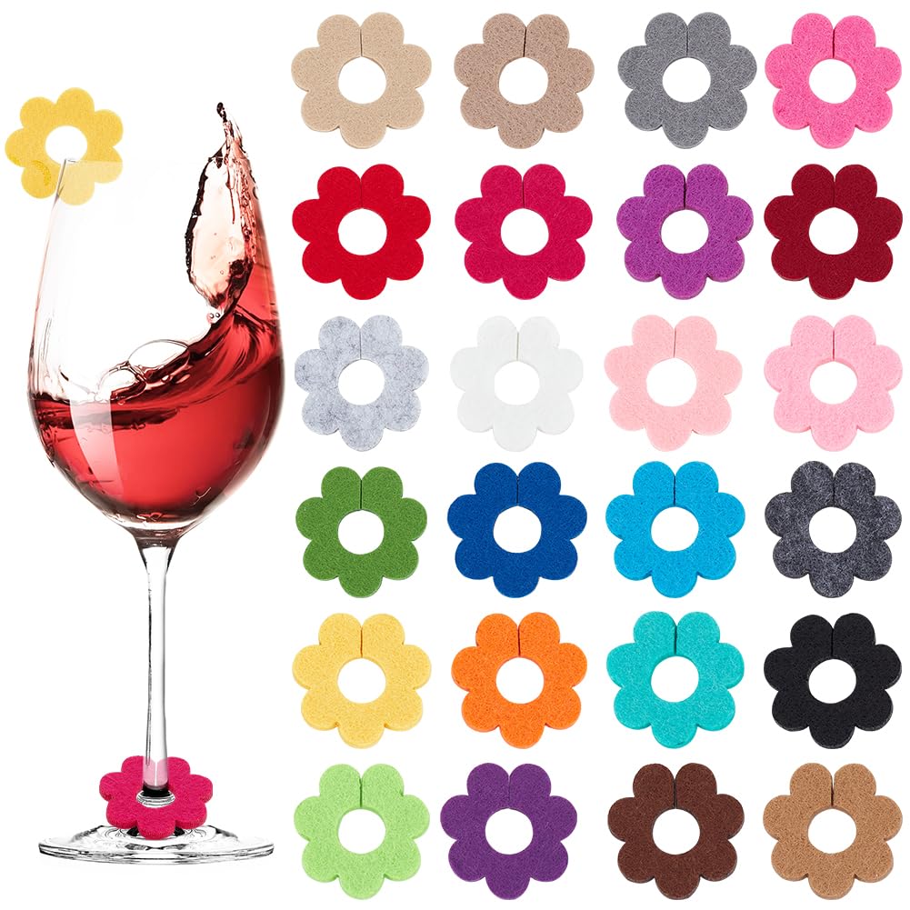 BENECREAT 24PCS Flower Felt Wine Glass Charms, Wine Identification Markers Drink Markers Tags for Cocktail Champagne Party Favors Decoration, 24 Colors