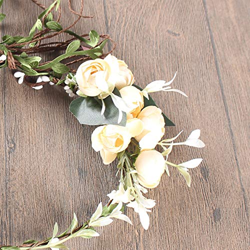 Flower Headband Rose Floral Boho Wreath Garland Hair Hoop Bohemian Headdress Headwear Headpiece Women Girls Crown Leaf Hair Bands Party Decoration Cosplay Costume Handmade Hair Accessories Beige