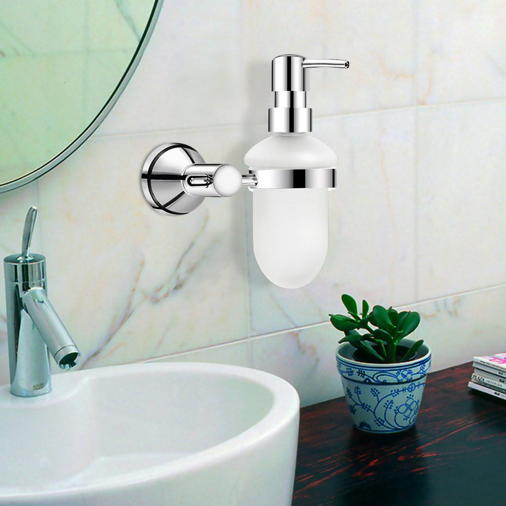 Dreamsbaku Wall Mounted Kicht Bathroom Soap Dispenser glass Bottle with Pump Head Cooper chrom