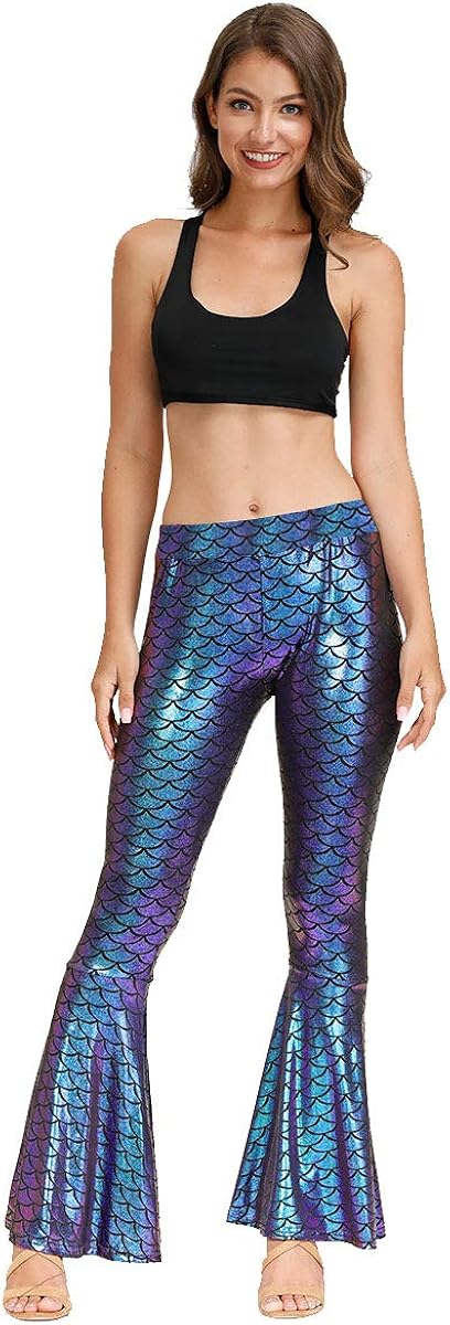 Spadehill Halloween Women's Mermaid Flared Shiny Legging Pants: Clothing