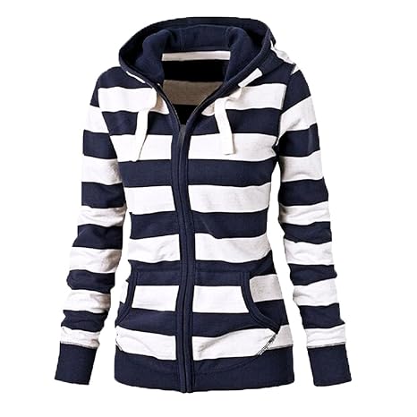 FANTIGO Damen Gestreift Hoodie Reißverschluss Langärmelige Kapuzenpullover Sweatshirt