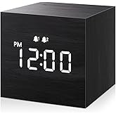 JALL Digital Alarm Clock, with Wooden Electronic LED Time Display, Dual Alarm, 2.5-inch Cubic Small Mini Wood Made Electric Clocks for Bedroom, Bedside, Desk, Black