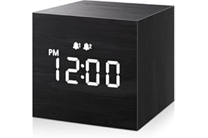 JALL Digital Alarm Clock, with Wooden Electronic LED Time Display, Dual Alarm, 2.5-inch Cubic Small Mini Wood Made Electric Clocks for Bedroom, Bedside, Desk, Black
