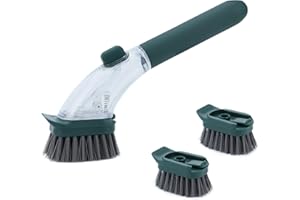 DAPOWER Soap Dispensing Dish Brush with Handle, Kitchen Scrub Brush for Dishes Pots Pans Sink Cleaning (Dark Green)