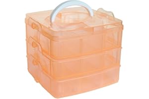Kamay's 3-Tier Transparent Stackable Adjustable Compartment Slot Plastic Craft Storage Box Organizer Snap-Lock Tray Container 3 Sizes 4 Candy Colors Available (Medium 18 Compartment, Orange)