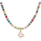 YOUFENG Clover Necklaces for Women Colorful Beaded Gemstone Choker 14K Gold Plated Cross Butterfly Necklace Natural Stone Handmade Jewelry Gift