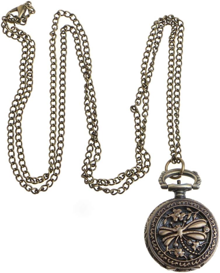 Creative Pocket Watch Quartz Dragonfly Carved Hollow Fashion Vintage Bronze Exquisite Floral Cover Pendant Chain Charm Necklace Gifts Unisex By ESden