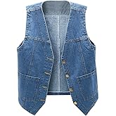 Ladyful Women's Sleeveless Denim Vest V Neck Button Down Jean Waistcoat Jacket