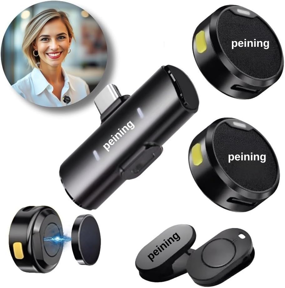 Microfone de Lapela Sem Fio Bluetooth Kit 2 Microfonones Abafamento de Ruído Até 10 Horas Tempo de Trabalho Compatível com Camera, iPhone, Android, PC - Conexão Android e USB-C - Linha Peining Premium