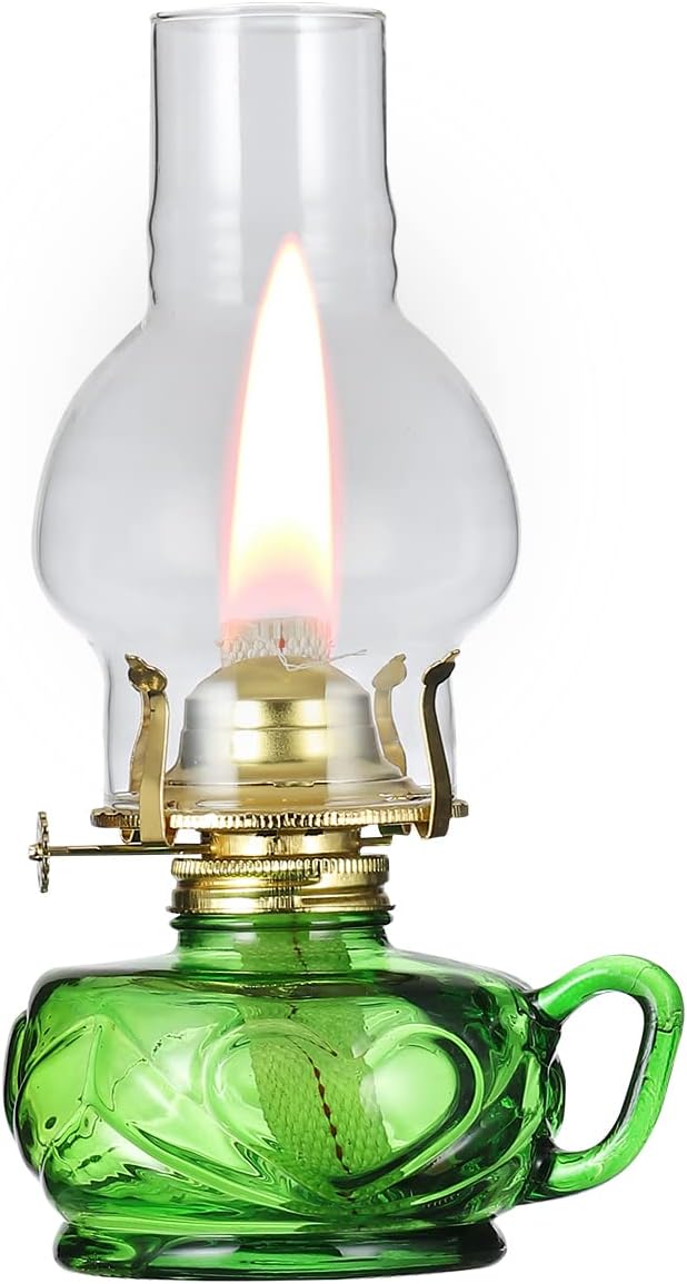 Oil Lamps & Accessories - DNRVK Vintage Green Kerosene Lamp with Handle Color Glass Oil Lamps for Indoor Use Large Indoor Decorative Oil Lamp Hurricane Lamp Lantern for Tabletop Decor Emergency Lighting